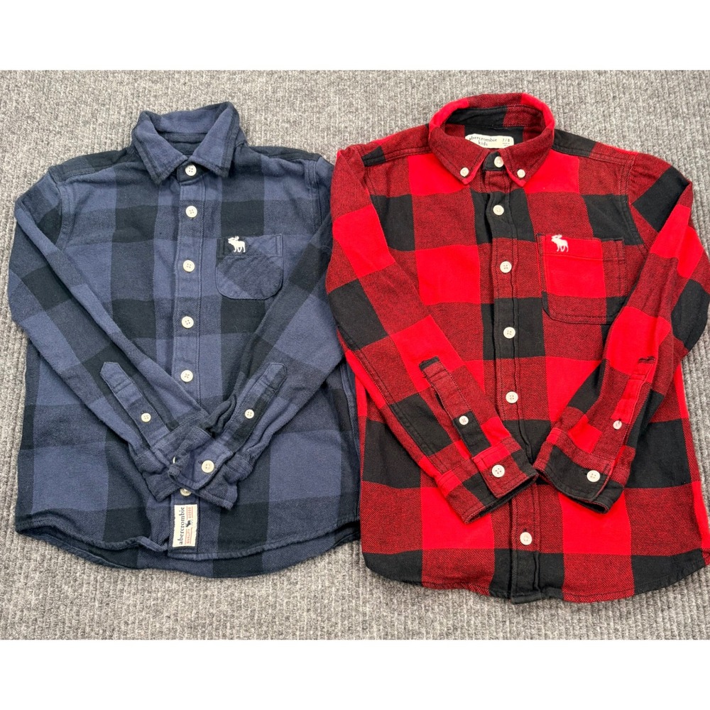 Abercrombie Kids Buffalo Plaid Flannel Shirts Lot of 2 Red Navy Blue Size 7/8